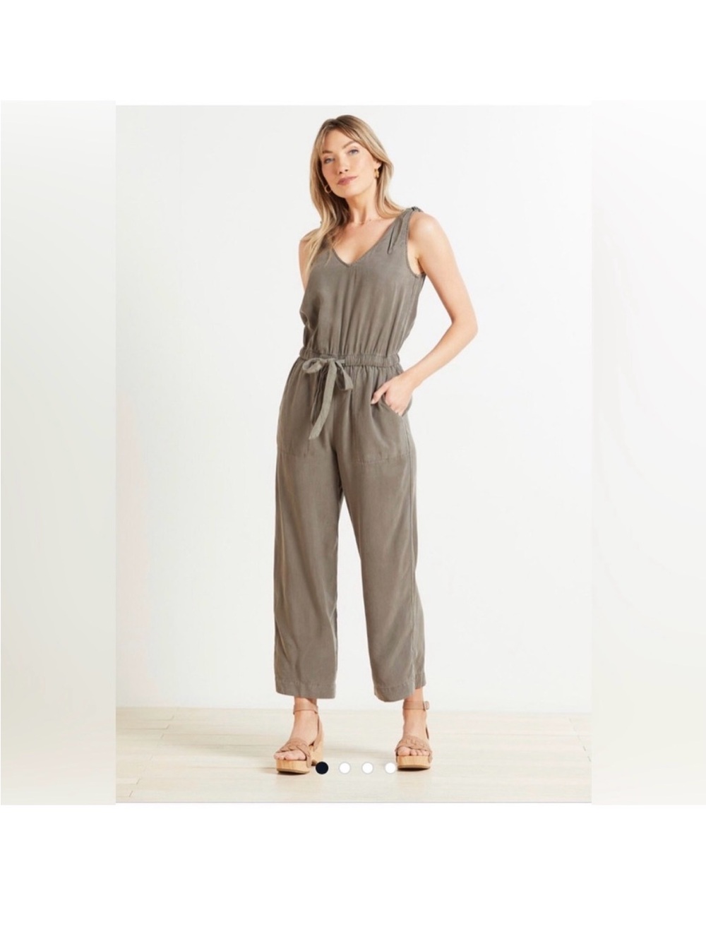 Evereve Tie-Shoulder Sleeveless Jumpsuit in Olive
